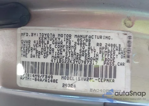 2000 Toyota Camry Le z USA, uszkodzony, nr VIN 4T1BG22K3YU707317